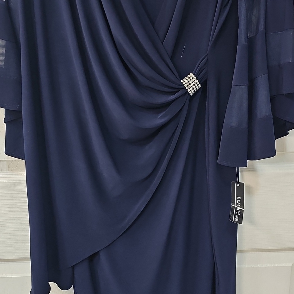 NWT 18W R&M Richards Navy Rhinestone Faux Wrap Belle Sleeve Dress Wedding Dressy - Picture 11 of 15